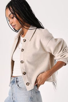 Stay snuggled up in style this winter with the cozy and cool design of the Lulus Comfy Essence Beige Cropped Shacket! This always-trendy shacket features a brushed wool-like fabrication that shapes a classic collared neckline and long sleeves with drop shoulders and button cuffs. The boxy, cropped silhouette boasts a functional button placket that runs down the center. Fit: This garment fits true to size. Length: Size medium measures 21" from shoulder to hem. Bust: Great for any cup size. Waist: Cozy Fall Outerwear With Button Closure, Oversized Soft Knit Button-up Outerwear, Cozy Outerwear With Pockets For Day Out, Soft Knit Button-up Outerwear For Winter, Winter Soft Knit Button-up Outerwear, Cozy Outerwear With Soft Texture For Fall, Fall Outerwear With Soft Texture For Everyday, Chic Winter Tops With Pockets, Soft Texture Outerwear For Everyday Fall Use