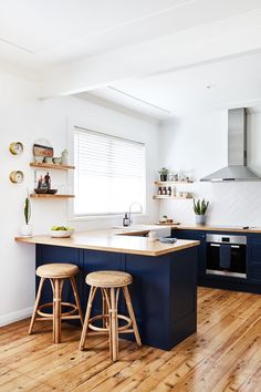 two stools are in front of the kitchen island