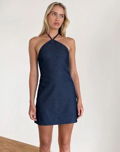 Indigo Chambray Denim Mini Dress | Belinda – motelrocks-com-us Halterneck Mini Dress, Party Dress Long Sleeve, Bandeau Dress, Halter Mini Dress, Denim Mini Dress, Crop Top Sweater, Halterneck Dress, Body Con Skirt, Party Dress Long