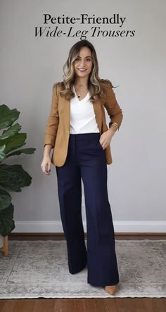 Dressing For Work Business Casual, Petite Curvy Office Outfits, Slacks For Short Women, Work Outfits With Blue Pants, Navy Blue Pants Business Casual Women, Parole Officer Outfit, Jw Pants Outfits, Therapist Outfits Women Business, Jeans Casual Work Outfit