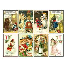 four vintage christmas cards with snowmen and children in holiday outfits, one is holding a bottle