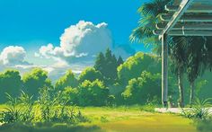 an anime scene with trees, grass and clouds in the sky on a sunny day