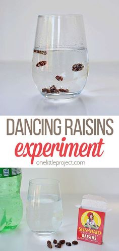 a glass filled with water next to a bag of raisins