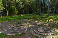 a circular stone maze in the middle of a forest