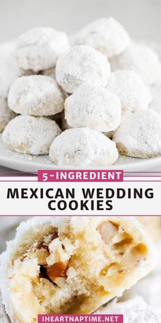 mexican wedding cookies on a plate with text overlay