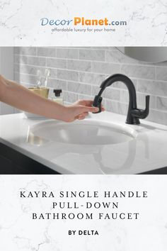 a bathroom sink with the words kayra single handle pull - down bathroom faucet