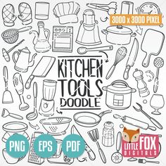 the kitchen tools doodle is shown in black and white, with an image of cooking ut