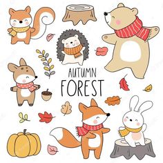 cute autumn forest animals and leaves