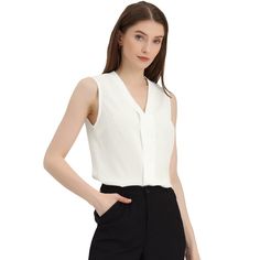 This elegant work blouse featuring a sleeveless design, and a v-neck has a basic style. You can pair this blouse with a variety of skirts, jeans, leggings, sneakers, or heel sandals to complete a casual look. This satin blouse with v neckline has a subtle texture with a solid color for a professional woman look. The soft and smooth fabric ensures all-day comfort. White V-neck Office Blouse, Versatile V-neck Blouse For Work, Casual V-neck Tank Top For Work, Elegant White V-neck Top For Work, White V-neck Blouse For Office, White V-neck Blouse For Office Wear, Solid Color Sleeveless Blouse For Work, Elegant Sleeveless V-neck Top For Work, Casual White V-neck Top For Work