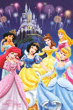 disney princesses in front of a castle with fireworks