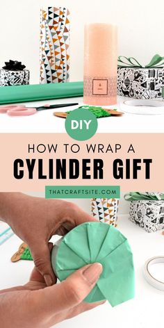 how to wrap a cylinder gift with paper and glue on the top, in front of other crafting supplies