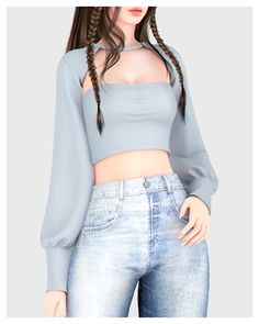 a woman with long hair wearing jeans and a crop top