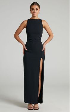 Sleek Sleeveless Maxi Dress, Sleek Formal Maxi Length Bodycon Dress, Sleek Maxi Length Formal Bodycon Dress, Elegant Maxi Length Bodycon Sleeveless Dress, Sleek Bodycon Dress For Gala, Sleeveless Black Bodycon Dress For Gala, Sleeveless Elastane Prom Dress, Sleek Sheath Sleeveless Dress For Party, Sleeveless Midi Dress With Side Slits For Prom