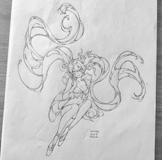 a drawing of a girl flying through the air with her hair blowing in the wind