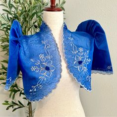 Elegant Royal Blue Embroidered Pina Organza Terno Filipiniana Butterfly Sleeve Bolero With Standing Collar. Beautiful And Elegant Cover Perfect To Put Over A Simple Black Dress Or Any Colored Dress To Style Up Your Outfit. Perfect For Weddings And Special Occasions. Philippine Costume. Sizing: S - 34” Bust M - 36” Bust L - 38” Bust Xl - 40” Bust 2xl - 42” Bust If You Are Between Sizes, For Example, You Wear Small And Medium Tops, I Recommend Getting Size Medium. If You Wear All Size Medium Tops, Terno Filipiniana, Philippine Costume, Bolero Filipiniana, Modern Filipiniana Dress, Filipiniana Dress, Sleeve Bolero, Blue Organza, Simple Black Dress, Butterfly Sleeve