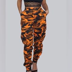 Very Cute And Stylish High Waisted Camo Cargo Pants! They Unfortunately Didn’t Fit But I Hope Someone Else Loves Them. Never Worn, Tag Still On. Color: Orange / Black/ Brown Size:1x Fabric: 97% Cotton, 3% Spandex Orange Camo Pants, Camo Pants Outfit, Cargo Pants Color, Weekend Outfits, Orange Camo, Camo Cargo Pants, Fashion Nova Pants, Orange Shirt, Camo Pants