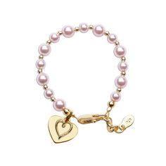 Personalized with FREE engraved heart charm this timeless bracelet is made with pink high-end simulated pearls and 14K Gold-plated beads (over sterling silver) accented with a beautiful dainty accent heart embellished with sparkling CZs! This trendy high quality bracelet is available in three sizes for infants, babies, toddlers, and kids. This bracelet comes in a beautiful gift box ready for gifting. Hand made in the USA! FREE engraving on front of heart up to 9 characters Back engraving can be Dainty Pink Jewelry For Personalized Gift, Pink Dainty Jewelry For Personalized Gifts, Elegant Pink Bracelet With Heart Charm, Personalized Pink Jewelry For Mother's Day, Personalized Pink Name Bracelet For Valentine's Day, Pink Jewelry For Mother's Day Personalized Gift, Personalized Pink Hypoallergenic Bracelets, Pink Round Jewelry With Heart Charm, Pink Jewelry With Heart Charm