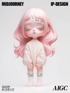 a doll with pink hair and green eyes is posed in front of a white background