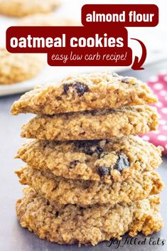 three oatmeal cookies stacked on top of each other with the words almond flour in