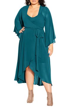 Float into the party with total elegance in this chiffon wrap dress, fashioned with a side tie and long bell sleeves. Style Name:City Chic Fleetwood Long Sleeve Wrap Maxi Dress (Plus Size). Style Number: 6158161. Available in stores. Party V-neck Chiffon Wrap Dress, Chic Chiffon V-neck Wrap Dress, Chic V-neck Chiffon Wrap Dress, Spring Chiffon Wrap Dress, Chic Flowy Chiffon Wrap Dress, Chic Chiffon Flowy Wrap Dress, Chic Flowy Wrap Dress, Elegant Chiffon Maxi Wrap Dress, Elegant Flowy Chiffon Wrap Dress