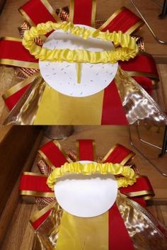 two plates with yellow and red ribbons on them