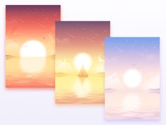 three cards with the sun setting over water