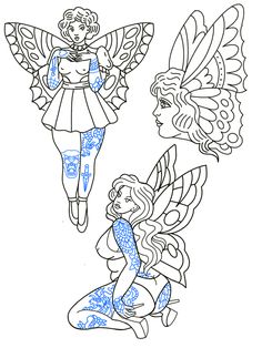 two fairy coloring pages one is blue and the other is white