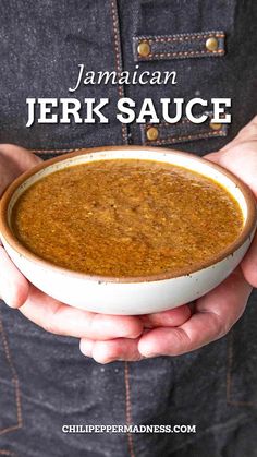 Holding a bowl of the delicious Jamaican Jerk Sauce Jerk Sauce Recipe, Jamaican Jerk Sauce, Jerk Recipe, Hot Pepper Recipes, Jerk Sauce, Best Sauce Recipe, Homemade Bbq Sauce Recipe, Homemade Hot Sauce, Spicy Chicken Recipes