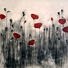 an abstract painting of red flowers in black and white