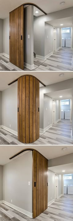 three images show the inside of an empty room with wood paneling and white walls