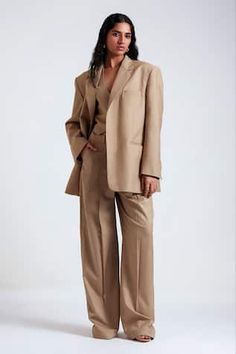 Desert tan solid blazer featuring notched lapel collar and front pockets. Paired with a co-ordinating waistcoat and a pant. - Aza Fashions Lapel Blazer, Blazer Set, Pant Sets, Indian Designer Wear, Indian Design, Designer Wear, Set For Women, Lapel Collar, Aza Fashion