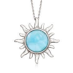 Ross-Simons - Larimar Sun Pendant Necklace in Sterling Silver. 18". Simple but significant, this sterling silver sun pendant necklace comes to life with a bright and beautiful 13mm round Larimar cabochon centerpiece. Illuminate your outfits and embrace the positive energy that this life-giving star emits. Suspends from a cable chain. Springring clasp, Larimar sun pendant necklace. Sun Pendant, Fine Jewelery, Bright And Beautiful, Fine Jewellery Necklace, Cable Chain, Positive Energy, Fine Jewelry, Cable, Pendant Necklace