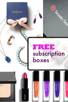 the box is full of different items including lipstick, bracelets and necklaces with text that reads free subscripion boxes