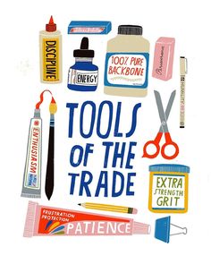 tools of the trade displayed on a white background with scissors, glue, toothpaste and other items