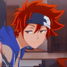 an anime character with red hair and orange eyes looking at something in the distance,