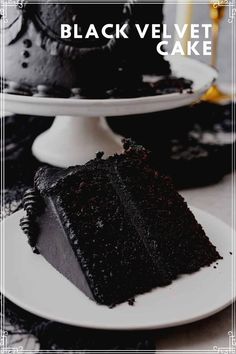 a black velvet cake on a white plate with the words black velvet cake above it