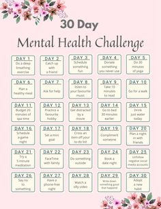 30 Day Mental Health Challenge, Mental Health Challenge, Productive Tips, Goals List, Self Care Worksheets, Monthly Challenges, Passion Quotes, Affirmation Posters