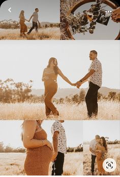 a man and woman holding hands while standing in a field