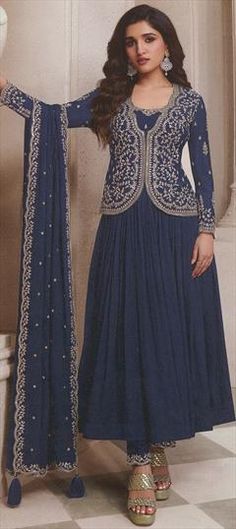 Blue color Salwar Kameez in Art Silk fabric with Embroidered, Thread work Anarkali Dresses, Reception Lehenga, Kameez Designs, Dark Nature, Designer Anarkali, Frocks For Girls, Salwar Kameez Designs, Silk Lehenga, Anarkali Dress