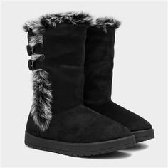 Shoe Zone, Boot Style, Black Faux Fur, Calf Boots, Fur Trim, Faux Fur, Trim, Boots, Black