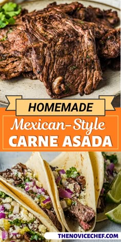 mexican - style carne asada with limes and cilantro on the side