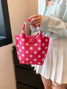 BirdinBag - Stylish Polka Dot Crochet Tote Bag - Spacious and Versatile for Beach or Daily Activities Polka Dot Travel Bags, Polka Dot Shoulder Bag For Daily Use, Rectangular Polka Dot Bags For Daily Use, Casual Polka Dot Bags For Everyday Use, Polka Dot Tote Shoulder Bag For Daily Use, Polka Dot Crochet, Dot Crochet, Hot Pink Bag, Geometric Composition