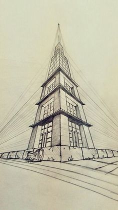 a drawing of a tall building with a clock on it's front and side