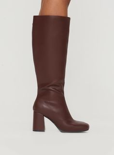 Knee high boots  Leather material, zip fastening at side, rounded toe, padded footbed, block heel  Upper, lining & insole: 100% PU  Heel height: 8cm / 3.1in Brown Knee-high Heeled Boots With Zipper, Brown Knee-high Heeled Boots With Zipper Closure, Winter Heeled Boots With Sculpted Heel In Faux Leather, Winter Faux Leather Heeled Boots With Sculpted Heel, Winter Platform Boots With Padded Block Heel, Winter Boots With Padded Heel And Block Heel, Fall Heeled Boots With Padded Block Heel, Brown Knee-high Boots With Padded Heel, Winter Heeled Boots With Padded Heel And Medium Width