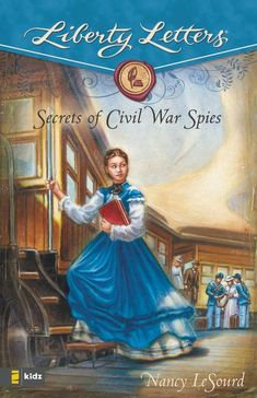 a book cover with an image of a woman in blue dress holding a red book