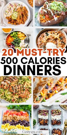 the cover of twenty must try 500 calories dinners, including salads and sides