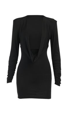 a women's black dress with long sleeves and an open back, on a white background