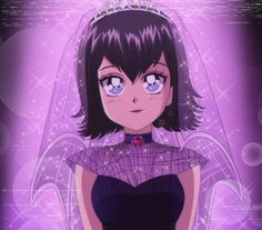 an anime character with dark hair and blue eyes wearing a purple dress, standing in front of a purple background