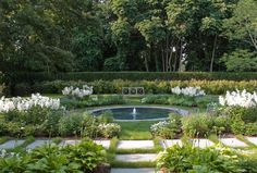 a garden with lots of white flowers and greenery around the water feature in the center