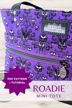 the roadie mini tote pattern is shown in purple with black and white butterflies